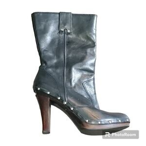 Michael Kors Leather Silver Studded Mid Calf Heeled Boots Sz 9.5 Goth Grunge